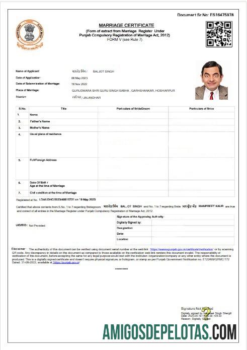 Certidão de casamento do registrador de casamento na Índia Punjab modelo